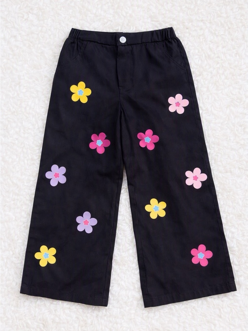 SHEIN Black Wide-Leg Pajama Pants with Pink, Yellow & Purple Flower Appliqués